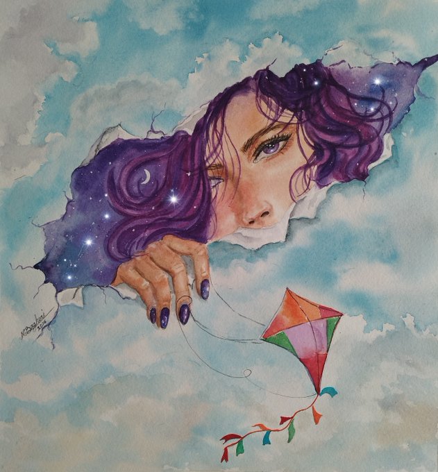 A surreal watercolor painting of a woman with starry purple hair reaching through clouds to hold a colorful kite, signed 'Kassandra.'