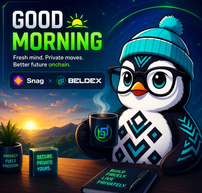 A promotional graphic features a cartoon penguin wearing glasses and a teal winter hat, holding a steaming coffee mug with the Beldex logo. The text reads "GOOD MORNING - Fresh mind. Private moves. Better future onchain." along with "Snag × BELDEX" branding and notes about privacy and freedom.