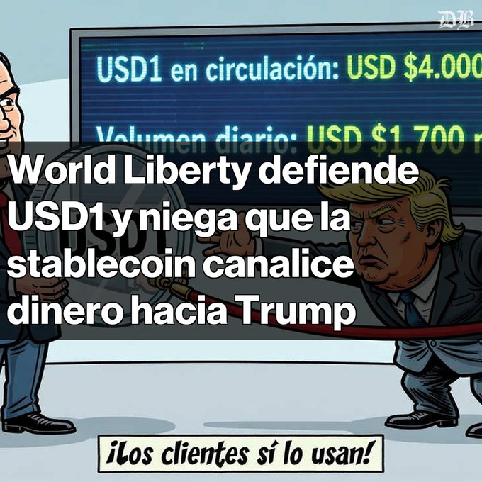 Cartoon illustration featuring a caricature of Donald Trump cutting a red ribbon, with overlaid Spanish text stating "World Liberty defiende USD1 y niega que la stablecoin canalice dinero hacia Trump" ("World Liberty defends USD1 and denies that the stablecoin channels money to Trump") and a subtitle "¡Los clientes sí lo usan!" ("But customers do use it!").
