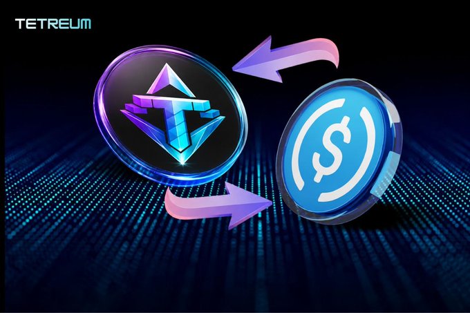 A digital graphic shows an Ethereum coin exchanging with a USDC stablecoin, indicated by purple arrows between them, with 'TETREUM' displayed in the upper left corner.