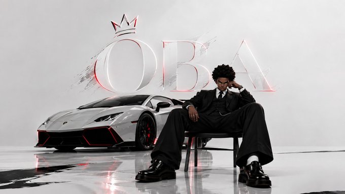 A man in a black suit sitting on a chair next to a silver Lamborghini with red accents, with a crown logo and 'OBA' text displayed in glowing red behind them.