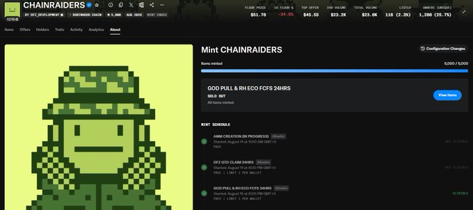 Screenshot of a 'CHAINRAIDERS' NFT collection page showing a pixelated soldier character and mint schedule details.