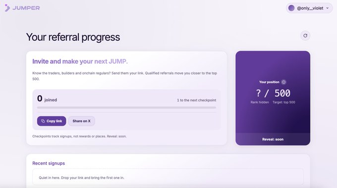 A screenshot of a 'JUMPER' referral progress page for user '@only_violet', showing '0 joined' and a position of '? / 500' rank.