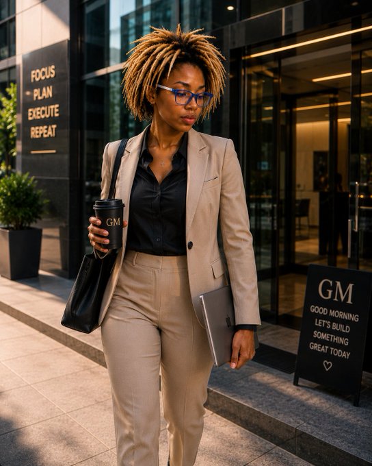 A professionally dressed woman with blonde dreadlocks and glasses walks outside a modern building, holding a 'GM' coffee cup, with signs reading 'FOCUS PLAN EXECUTE REPEAT' and 'GM GOOD MORNING LET'S BUILD SOMETHING GREAT TODAY'.