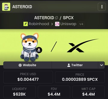 Cryptocurrency listing for ASTEROID (SPCX) token available on Robinhood and Uniswap, with a price of $0.004477 USD, $628K liquidity, and $4.4M FDV/Market Cap.