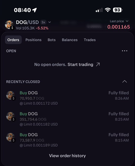A cryptocurrency trading app screenshot shows a DOG/USD trading interface at 08:40 with a last price of 0.001165 (down 5.52%) and three recently closed "Buy DOG" limit orders at 0.001172, 0.001182, and 0.001189 USD, illustrating the dollar-cost averaging strategy referenced in the post.