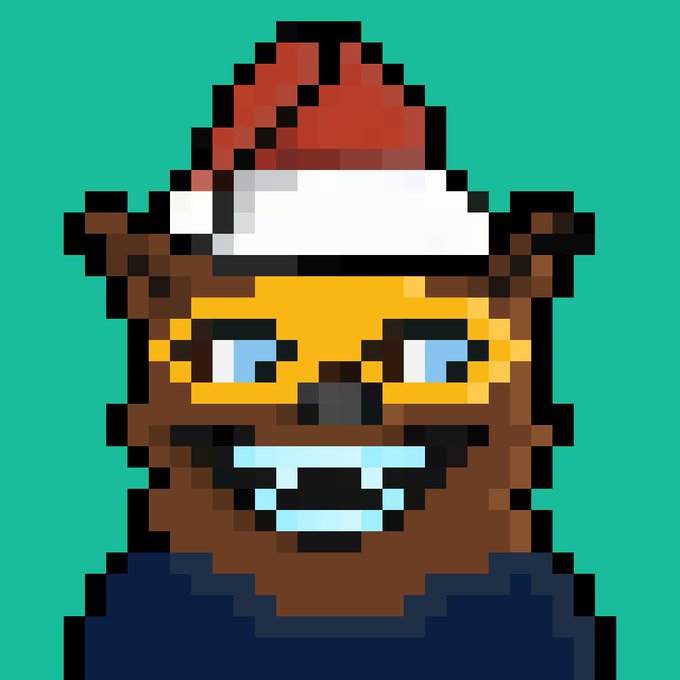 The image features a cartoon bear wearing a red Santa hat, sitting against a green background with its mouth open wide as if it's smiling or making a funny face. The caption below the image reads "GN Sleep Well Pixels are on the rise." This suggests that there might be an increase in pixel art or digital artwork related to the post.