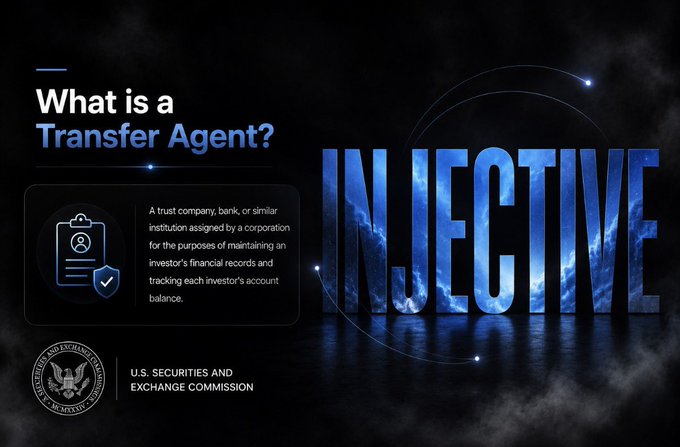Infographic titled 'What is a Transfer Agent?' featuring the Injective logo and an explanation from the U.S. Securities and Exchange Commission.