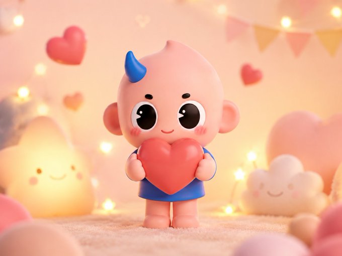A cute 3D-rendered pink cartoon character with a blue horn and blue shorts, holding a red heart, surrounded by smiling clouds and hearts against a warm, glowing background.