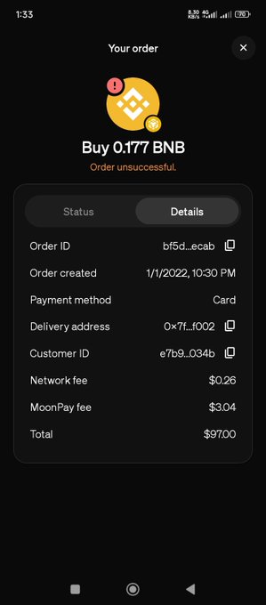 The image shows a screen displaying information about an old unsuccessful order for buying 0.177 BNB. It appears that the user's account was involved in this transaction, as the status message indicates that they are unable to successfully complete the order due to insufficient funds. The post questions if anyone still needs $20 or is looking at the old, unsuccessful order for some reason.