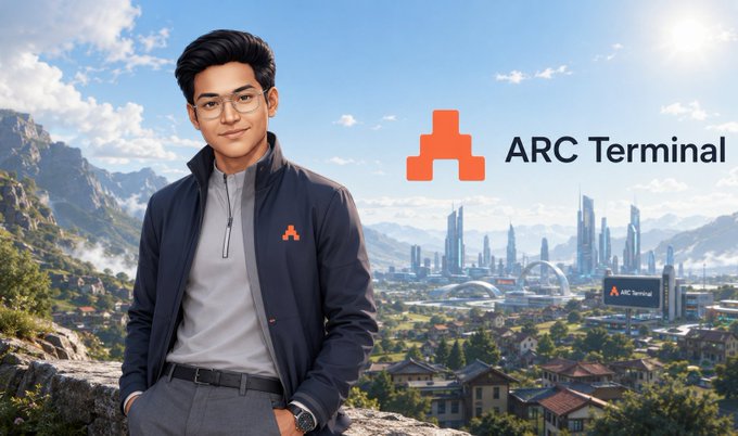 A promotional graphic for 'ARC Terminal' showing a young man with glasses in a dark jacket standing on a rocky overlook, with the ARC Terminal logo and a futuristic cityscape in the background.