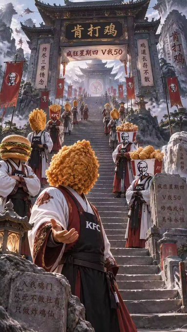 A surreal KFC promotional artwork depicting Colonel Sanders figures in monk-like robes with fried chicken for heads standing on a mountain temple staircase, featuring Chinese characters including "肯打鸡" (KFC parody name) and "疯狂星期四 V我50" (Crazy Thursday, V me 50).