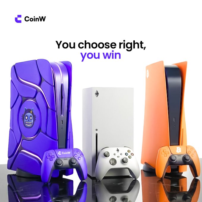 The image is a CoinW promotional graphic featuring three gaming consoles in purple, white, and orange, each paired with a matching controller and a playful cartoon face. The headline reads "You choose right, you win," directly tying into a USDT giveaway where followers must pick their favorite color console (Purple, White, or Orange) along with their UID.