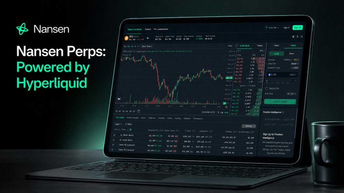 The image shows a laptop screen displaying a chart of Bitcoin prices with lines indicating changes over time. The laptop is placed on a desk next to a coffee cup, suggesting a workspace or personal computer setup used for trading purposes. 

The image also contains text that reads, "Nansen Perps: powered by Hyperliquid". This implies that the trading platform itself is powered by a cryptocurrency exchange like Hyperliquid, as they are described as an 'exchange'. The post mentions there's a $1M raffle coming soon and encourages people to trade spot or perps if they want to participate. Trading in perps can lead to more raffle entries, increasing the chances of winning substantial prizes.