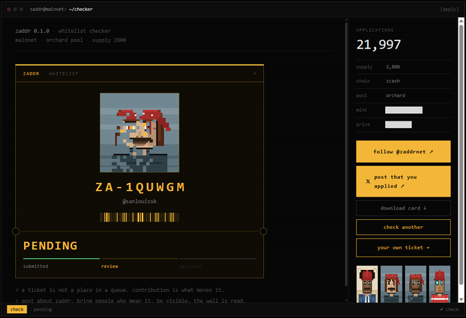 A screenshot of the 'zaddr - whitelist checker' web interface showing a 'ZADDR' application status of 'PENDING' for user 'ZA-1QUWGM' (@anlouisk) on the zcash orchard pool.