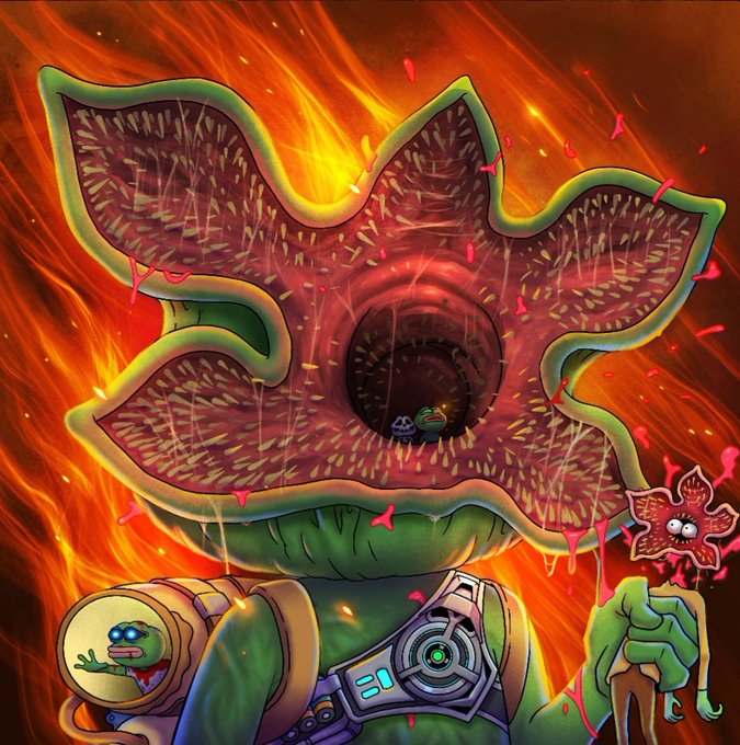 A surreal digital illustration of a green monster with a massive toothy maw filled with spikes and a dark central eye, set against flames, holding a small red creature.