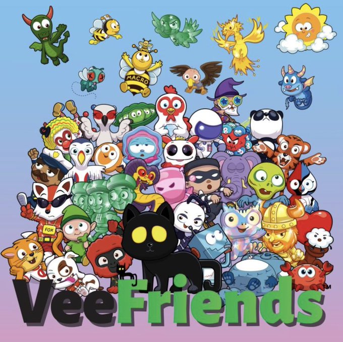 Promotional artwork for 'VeeFriends' displaying a large group of colorful cartoon characters including a dragon, bee, phoenix, sun, owl, panda, and various other creatures.
