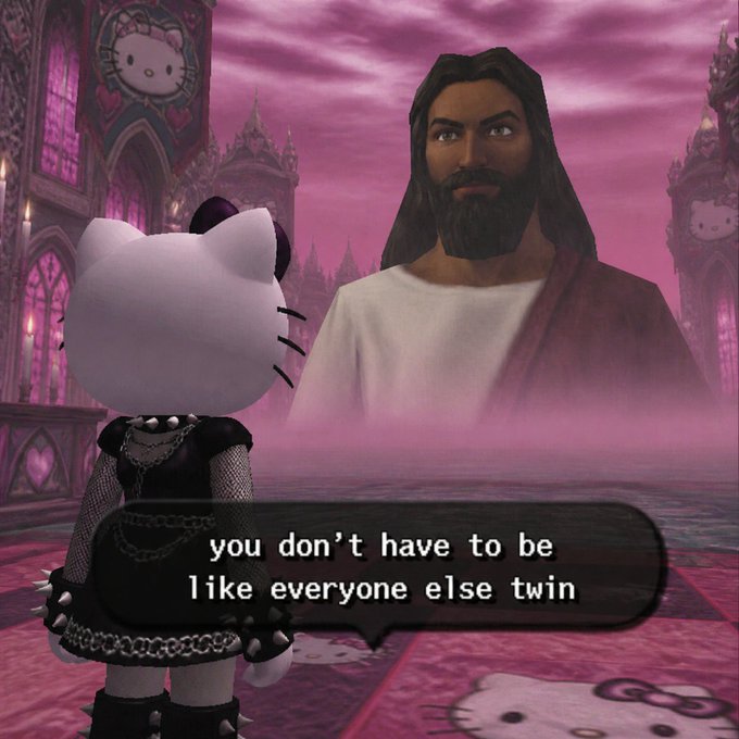 A video game screenshot from Hello Kitty showing a gothic Hello Kitty character facing a bearded man resembling Jesus, with dialogue text 'you don't have to be like everyone else twin' in a pink gothic castle setting.