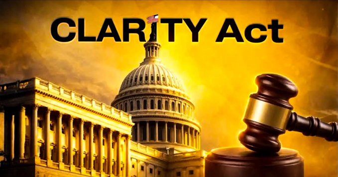 A graphic titled "CLARiTY Act" features the U.S. Capitol building with an American flag replacing the dot in the "i," alongside a wooden judge's gavel against a glowing yellow-orange background.