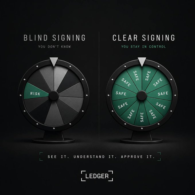A Ledger advertisement comparing 'BLIND SIGNING' (a wheel of fortune showing 'RISK') versus 'CLEAR SIGNING' (a wheel showing 'SAFE' in all sections), with the slogan 'SEE IT. UNDERSTAND IT. APPROVE IT.'