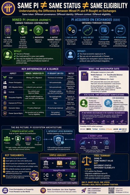An infographic titled "SAME PI ≠ SAME STATUS ≠ SAME ELIGIBILITY" compares Mined Pi (earned through Pioneer contribution, KYC, migration, and Mainnet wallet creation) versus Pi acquired on CEX exchanges (bought, held, exchanged, and withdrawn), highlighting that both forms have the same market value but different identity, origin, custody, and ecosystem eligibility. Key differences include that mined Pi follows a KYC/Migration history with native Mainnet status, while exchange-bought Pi is automatically eligible for trading but not recognized as a Pioneer, reinforcing the post's message that ownership and provenance aren't interchangeable.