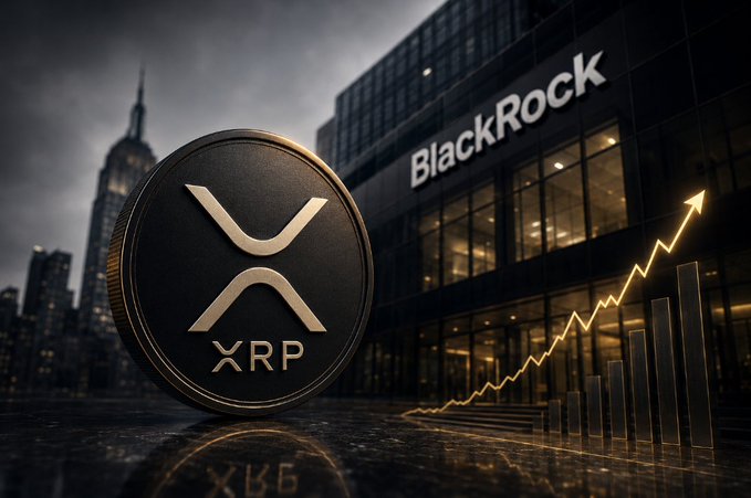 A promotional image showing an XRP (Ripple) coin in the foreground with the BlackRock building and a rising golden arrow chart in the background against a city skyline.