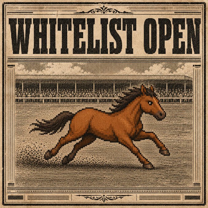 A vintage-style poster featuring a galloping brown horse on a racetrack with crowds in the background, headlined by the bold text "WHITELIST OPEN." The horse imagery ties directly to the project's name "HorseHood," symbolizing the race-themed NFT drop soon arriving on Robinhood Crypto, while promoting open whitelist applications at horsehood.xyz.