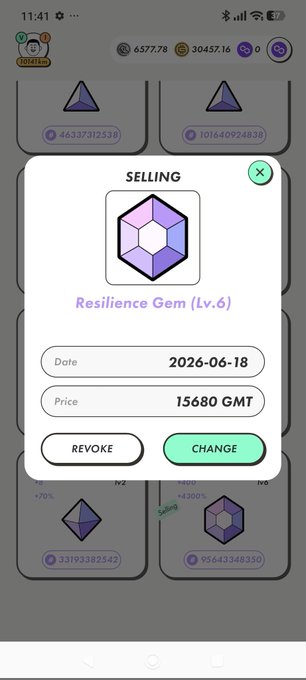The image features a cell phone screen that displays an app for selling crystals, specifically the gem Resilience Gem (LVS) 6. The screen shows the details of each available crystal within the game, including their prices and inventory information. There are multiple crystals depicted on the screen, showcasing a wide variety of options to choose from when selling or purchasing them in the game.