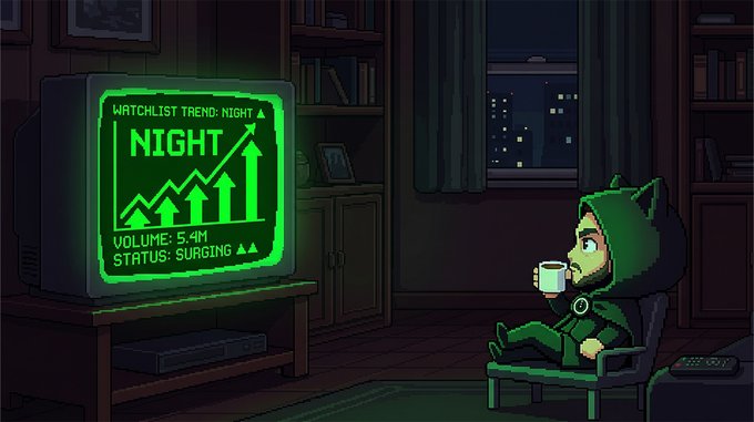 Pixel art illustration of a bearded character in green drinking coffee while watching a green stock chart displaying "WATCHLIST TREND: NIGHT" with volume 5.4M and surging status.