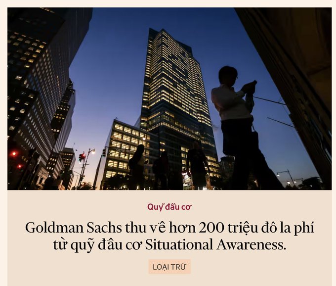 An evening cityscape with illuminated skyscrapers and silhouetted pedestrians, with Vietnamese text reading 'Goldman Sachs thu về hơn 200 triệu đô la phí từ quỹ đầu cơ Situational Awareness.' and a 'LOẠI TRỪ' button.