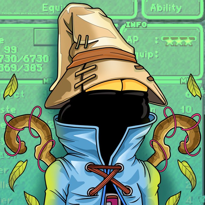 A digital illustration of a character wearing a large pointed hat and blue vest, set against a video game menu background showing stats like 'HP' and 'Equip'.