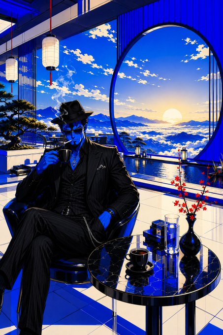 A stylized digital illustration of a blue-skinned man in a black suit and fedora drinking coffee in a futuristic room with a large circular window overlooking mountains at sunset.