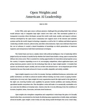 A document titled 'Open Weights and American AI Leadership' dated July 24, 2026, discussing open-weight AI models and policy considerations.