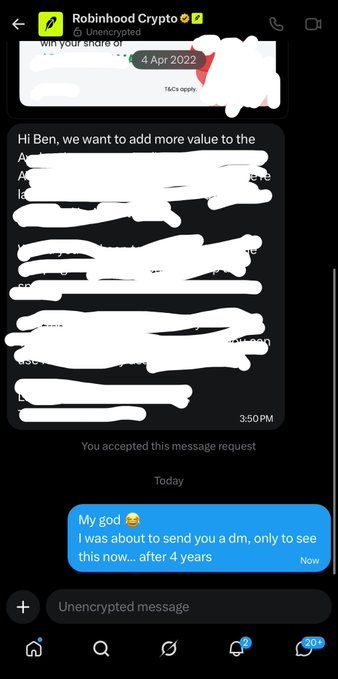 A screenshot of a Twitter DM from Robinhood Crypto (@RobinhoodApp) shows a message dated April 4, 2022, with the user's reply: 'My god 🤧 I was about to send you a dm, only to see this now.. after 4 years'.