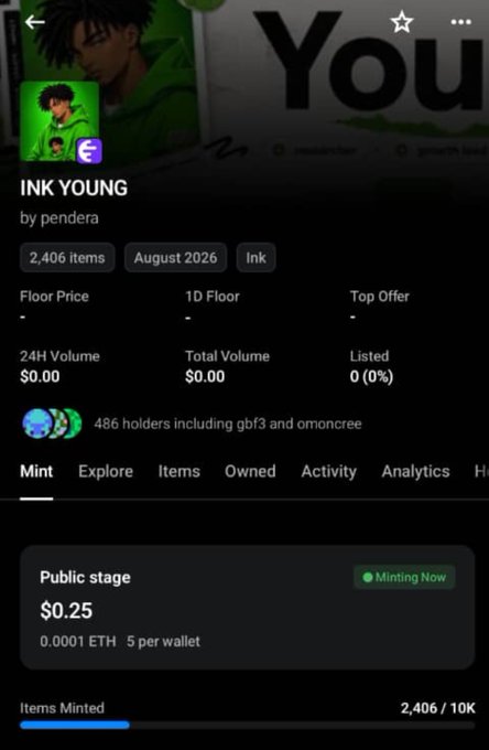 The image shows an NFT collection called "INK YOUNG" by "pendera" on OpenSea, with a "Public stage" minting for $0.25 (0.0001 ETH per wallet), featuring artwork depicting a stylized character in green. This relates to the post where the artist is distancing themselves from this collection, clarifying that someone is using their PFP and banner without permission to launch an NFT on Ink Chain via OpenSea.