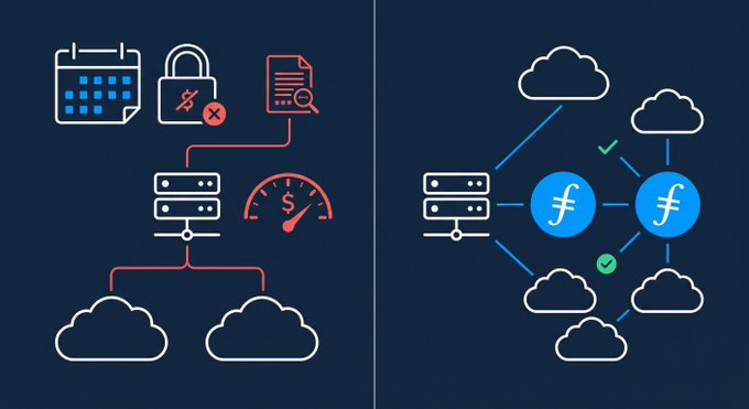 The image is a split illustration contrasting a red, single-server cloud setup with egress fees, locks, and usage meters on the left, against a blue, multi-cloud Filecoin network on the right with checkmarks and "f" logos connected to multiple clouds, visually reinforcing the post's message that Filecoin eliminates egress costs across multi-cloud environments despite the EU Data Act's January 2027 ban on cloud switching fees.