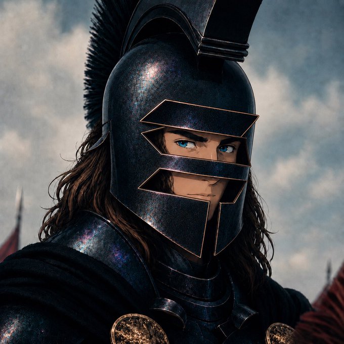 This image depicts a warrior in dark armor, featuring a helmet with striking blue eyes and flowing brown hair, ready to join the "Solana soldiers." The image visually represents the call to arms for supporters or participants in the Solana ecosystem.