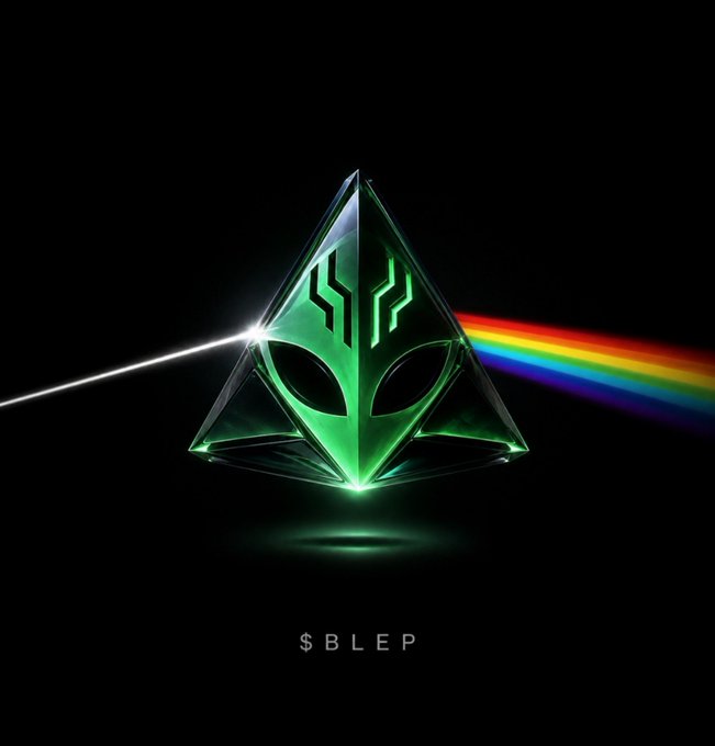 A stylized dark graphic featuring a green glowing alien-headed pyramid logo emitting a rainbow beam, with the text '$BLEP' displayed below.