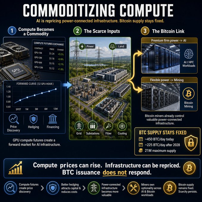 The infographic "Commoditizing Compute" illustrates how AI is repricing power-connected infrastructure while Bitcoin's supply remains fixed, showing GPU compute futures exchange pricing (GPU-1M at $1.24, GPU-3M at $1.18, GPU-6M at $1.15, GPU-12M at $1.12), scarce inputs (power, land, grid, substations, fiber, cooling), and how premium firm power flows to AI workloads while flexible power goes to Bitcoin mining, with BTC issuance staying fixed at ~450 BTC/day today, ~225 BTC/day after 2028, and 21M maximum supply.