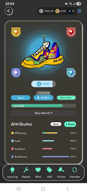 A mobile game screenshot showing a 'Rare' Level 24 Walker sneaker NFT with attributes (Efficiency, Luck, Comfort, Resilience) and action buttons including Level up, Repair, Mint, Sell, Fusion, and Transfer.