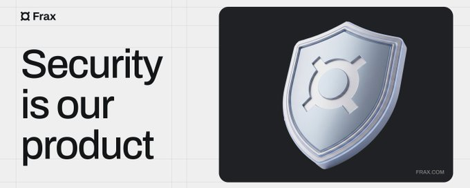 A promotional banner for Frax (FRAX.COM) with the tagline 'Security is our product' next to a 3D silver shield icon featuring the Frax logo.