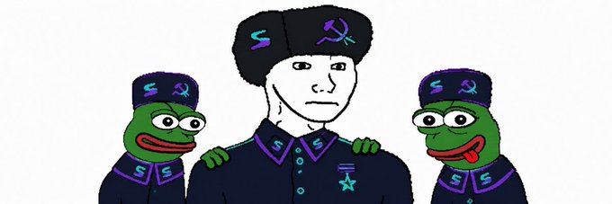 Pepe the Frog meme showing three figures in Soviet-style military uniforms with hammer and sickle insignia.