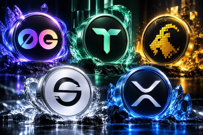 Digital artwork displaying five cryptocurrency coin logos (OG, T, a pixelated emblem, S, and X) arranged on crystal-like pedestals in vibrant blue, purple, green, gold, and silver colors.