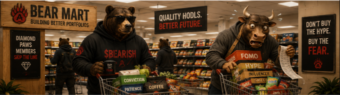 An AI-generated image of 'BEAR MART' depicts anthropomorphic bears in a supermarket setting with slogans like 'QUALITY HODLS. BETTER FUTURE.' and 'DON'T BUY THE HYPE. BUY THE FEAR.'