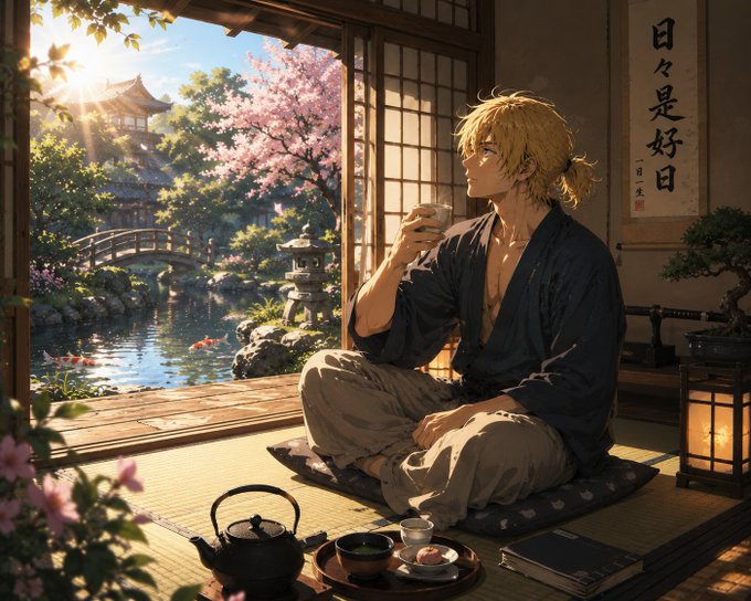 A blonde-haired anime character in traditional Japanese attire sits peacefully on tatami mats, sipping tea while gazing out at a serene garden with cherry blossoms, a koi pond, and a pagoda, with the calligraphy "日々是好日" ("Every day is a good day") on the wall—perfectly capturing the warm, mindful weekend greeting "Gm, And happy Saturday Fam."