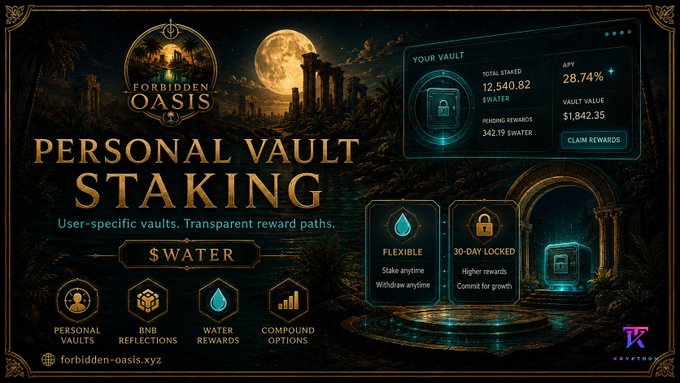 A promotional banner for 'Forbidden Oasis' Personal Vault Staking featuring $WATER, showing a vault with 12,540.82 $WATER staked, 342.19 pending rewards, 28.74% APY, and a vault value of $1,842.35, with website forbidden-oasis.xyz.