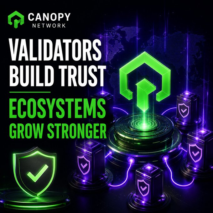 A Canopy Network promotional graphic with green and purple neon styling stating 'VALIDATORS BUILD TRUST, ECOSYSTEMS GROW STRONGER' alongside shield and hexagonal logos.