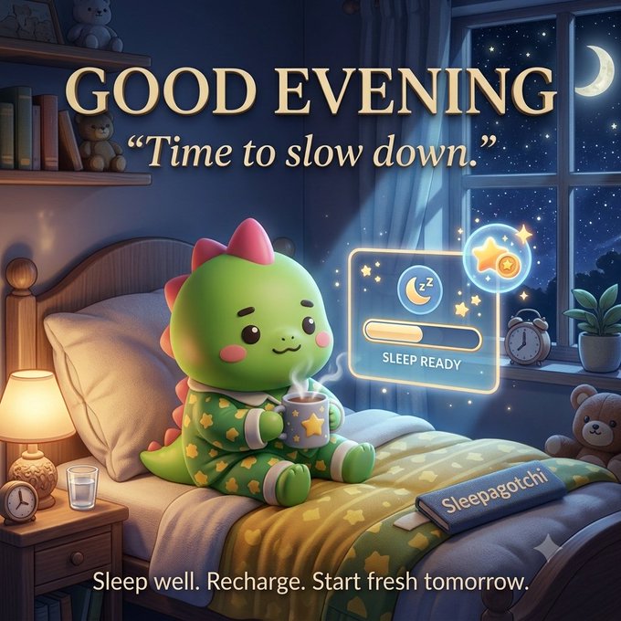 A digital illustration of a cute green dinosaur character in pajamas sitting on a bed at night, holding a mug, with text reading 'GOOD EVENING "Time to slow down." SLEEP READY Sleepagatchi Sleep well. Recharge. Start fresh tomorrow.'