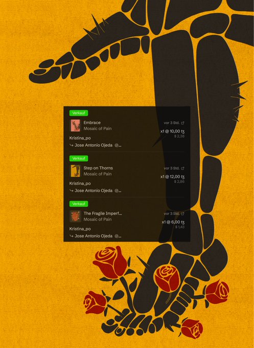 A mobile screenshot displaying NFT sales for 'Mosaic of Pain' by artist Jose Antonio Ojeda, listed under kristina.po on a marketplace with an orange footprint background.