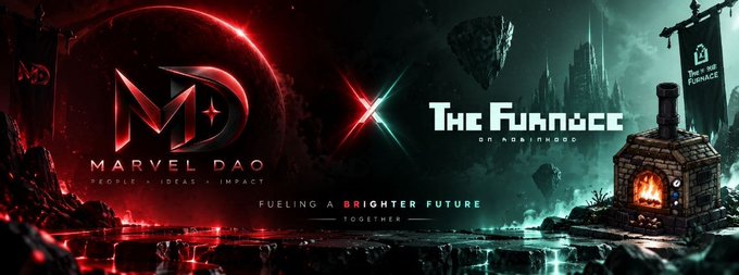 A split graphic featuring the logos "MD MARVEL DAO" on the left and "THE FURNACE ON KUJIRAHUB" on the right, united by the tagline "FUELING A BRIGHTER FUTURE TOGETHER."
